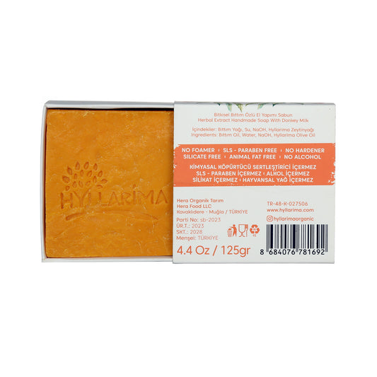 Orange bittim natural soap bar with Hyllarima branding and product details on a white background