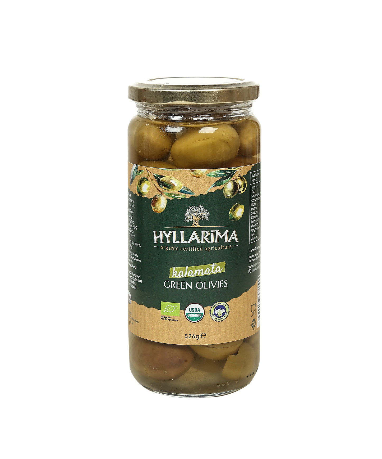 Jar of Hyllarima Kalamata green olives on a white background
