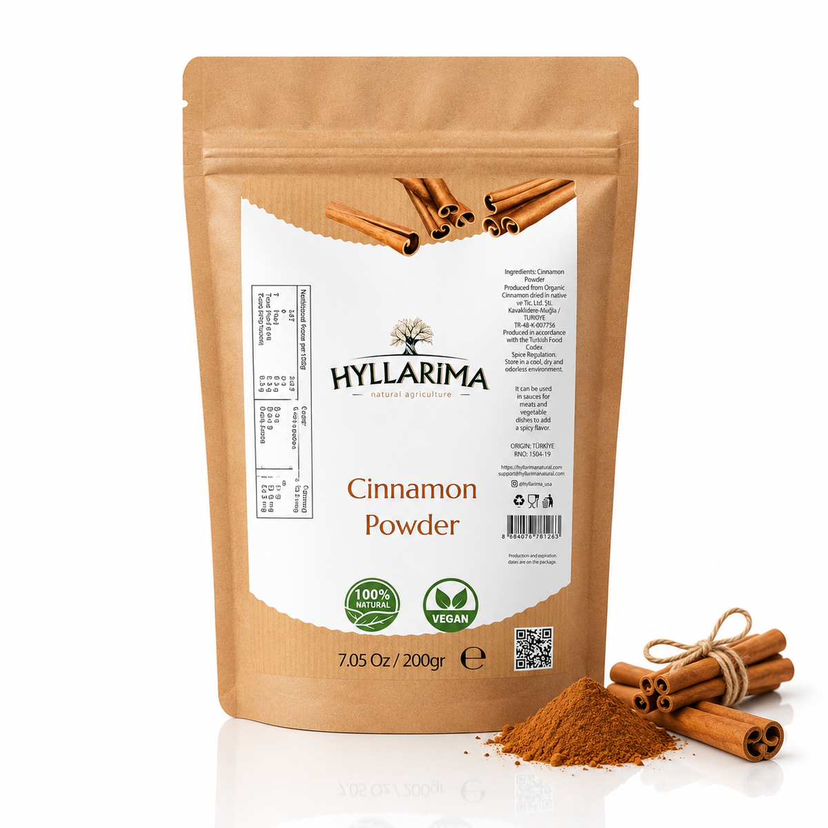 A stand-up pouch of HYLLARIMA Cinnamon Powder in a kraft brown package, shown on a white background with loose cinnamon sticks and a small pile of cinnamon powder in front.
