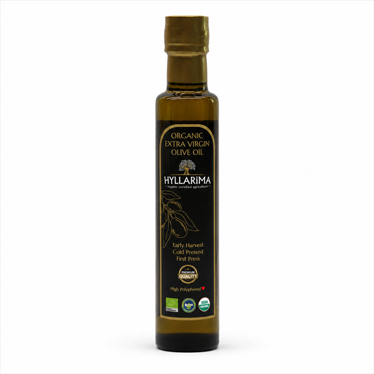 Bottle of Hyllarima organic extra virgin olive oil 250ml on a white background