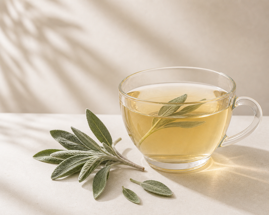 Clear glass mug filled with sage tea and a sprig of sage on a light beige background