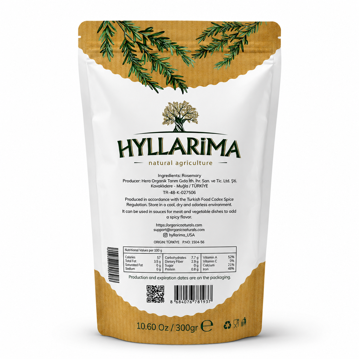A 10.60 oz resealable stand-up pouch of Hyllarima Rosemary natural agriculture spice mix, featuring a white and gold design with green rosemary illustrations at the top.