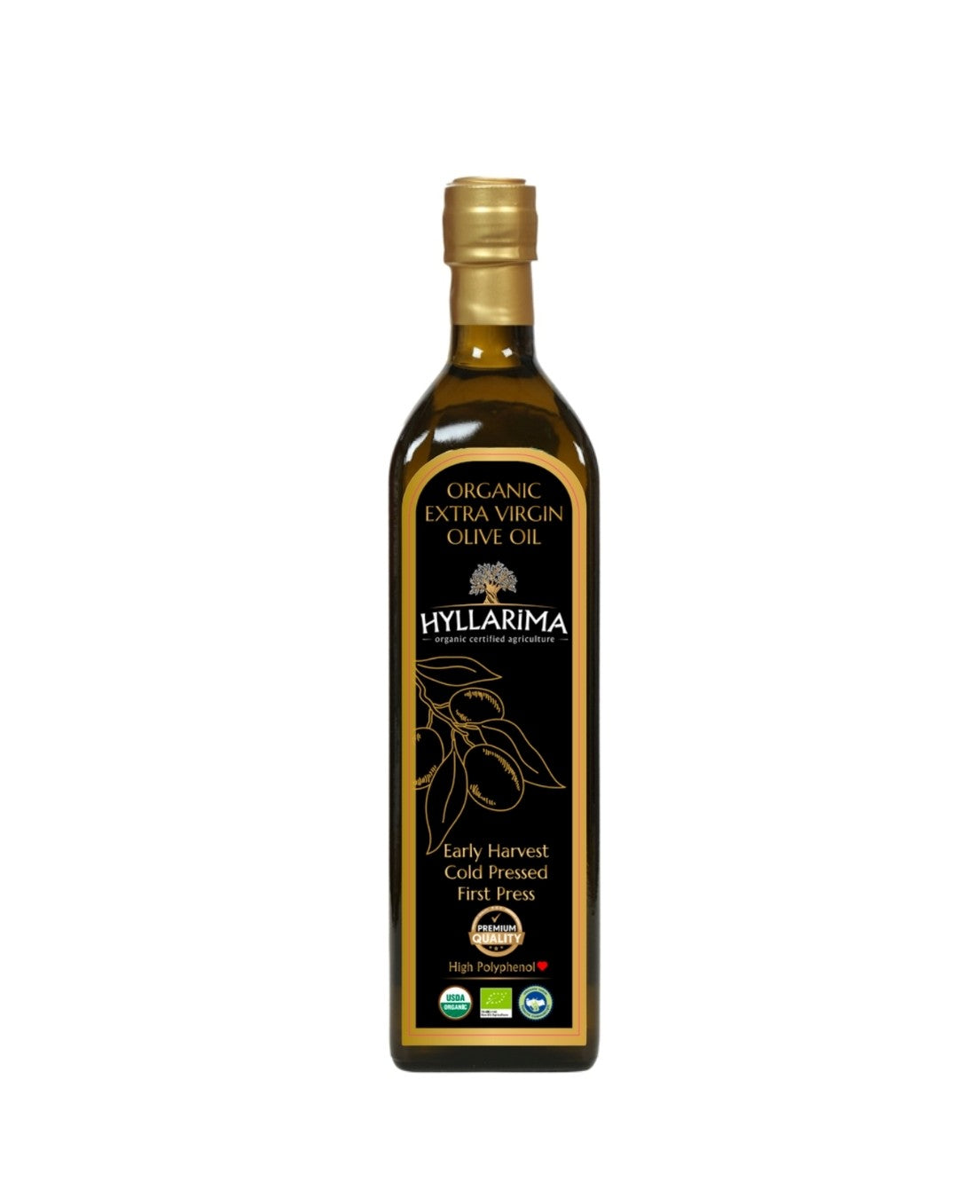 Bottle of Hyllarima Organic Extra Virgin Olive Oil on a white background