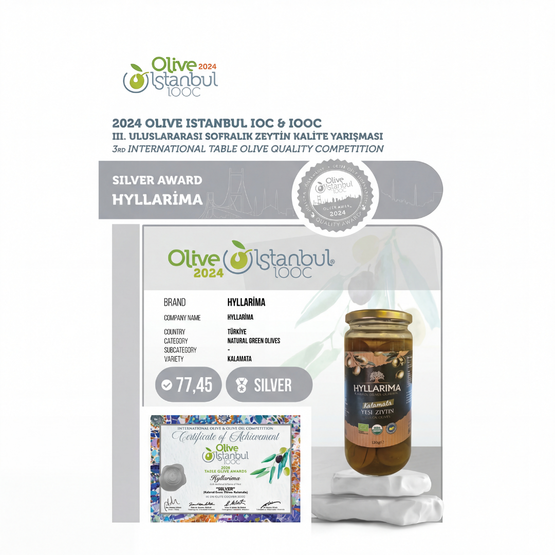 Olive oil packaging with Olive Istanbul 2024 award on a white background