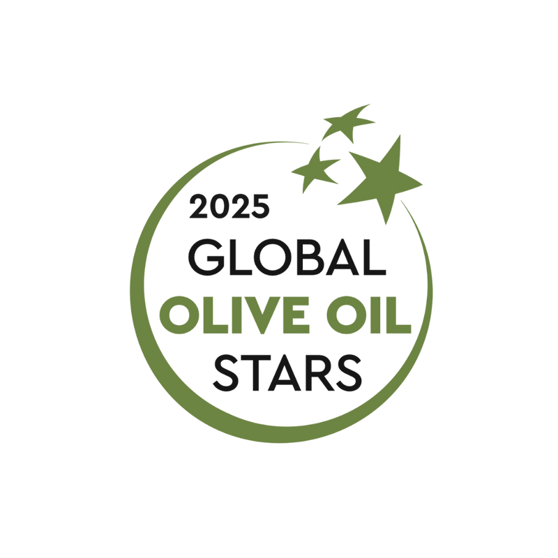 Logo for 2025 Global Olive Oil Stars event with olive branch design on a transparent background.
