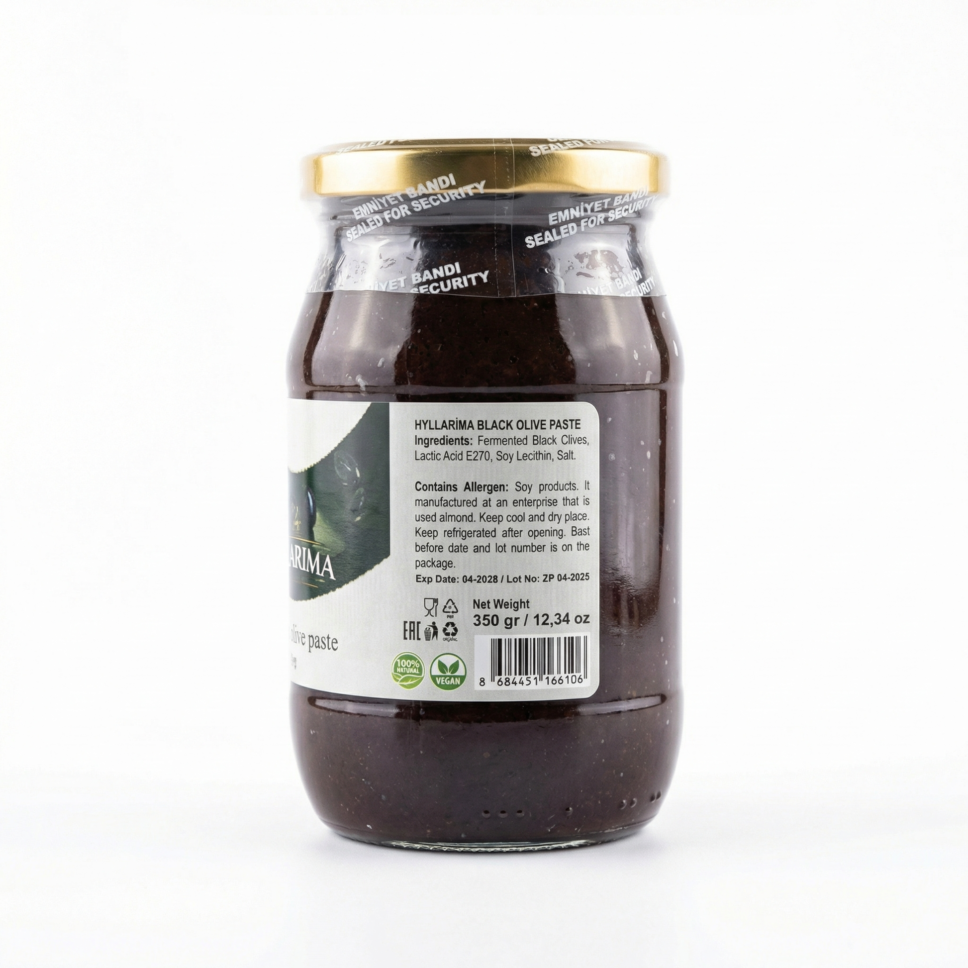 Jar of black olive paste with a visible label on a white background