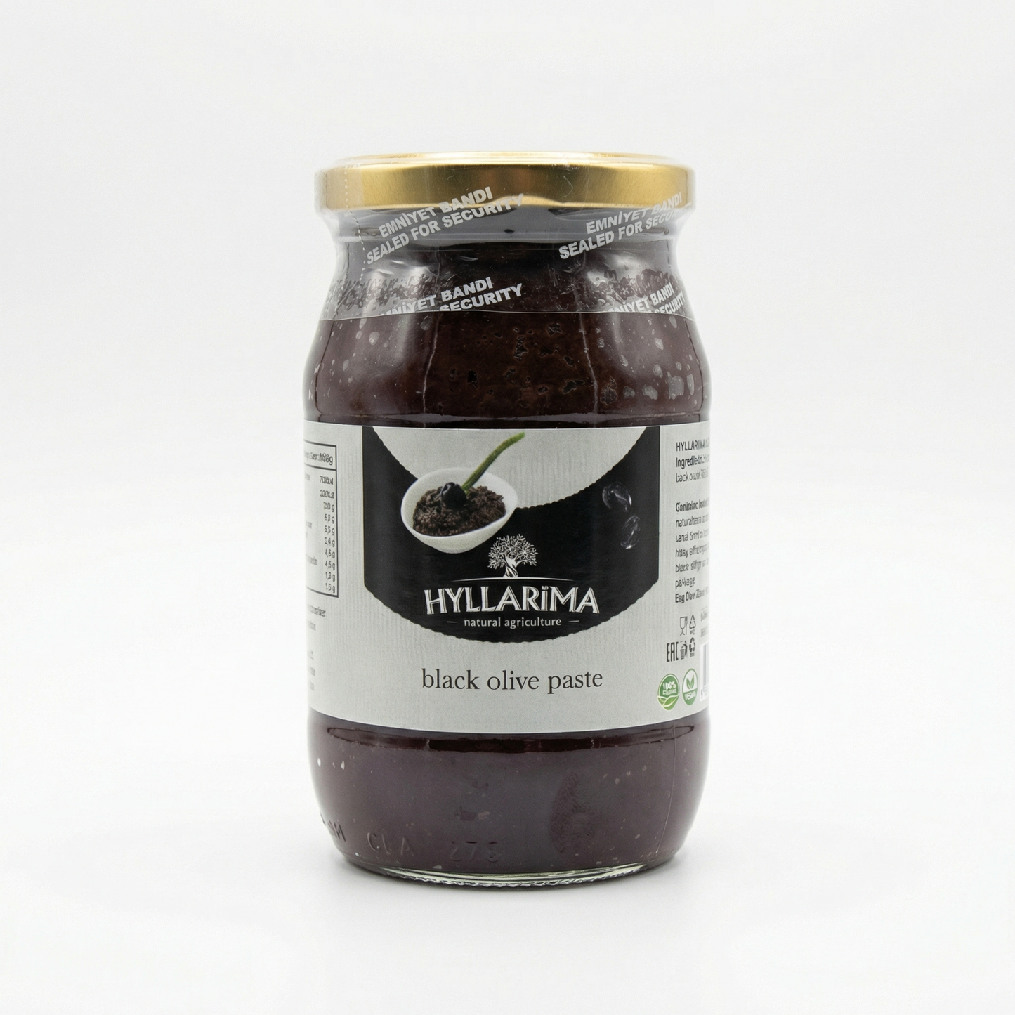 Jar of Hyllarima black olive paste on a white background