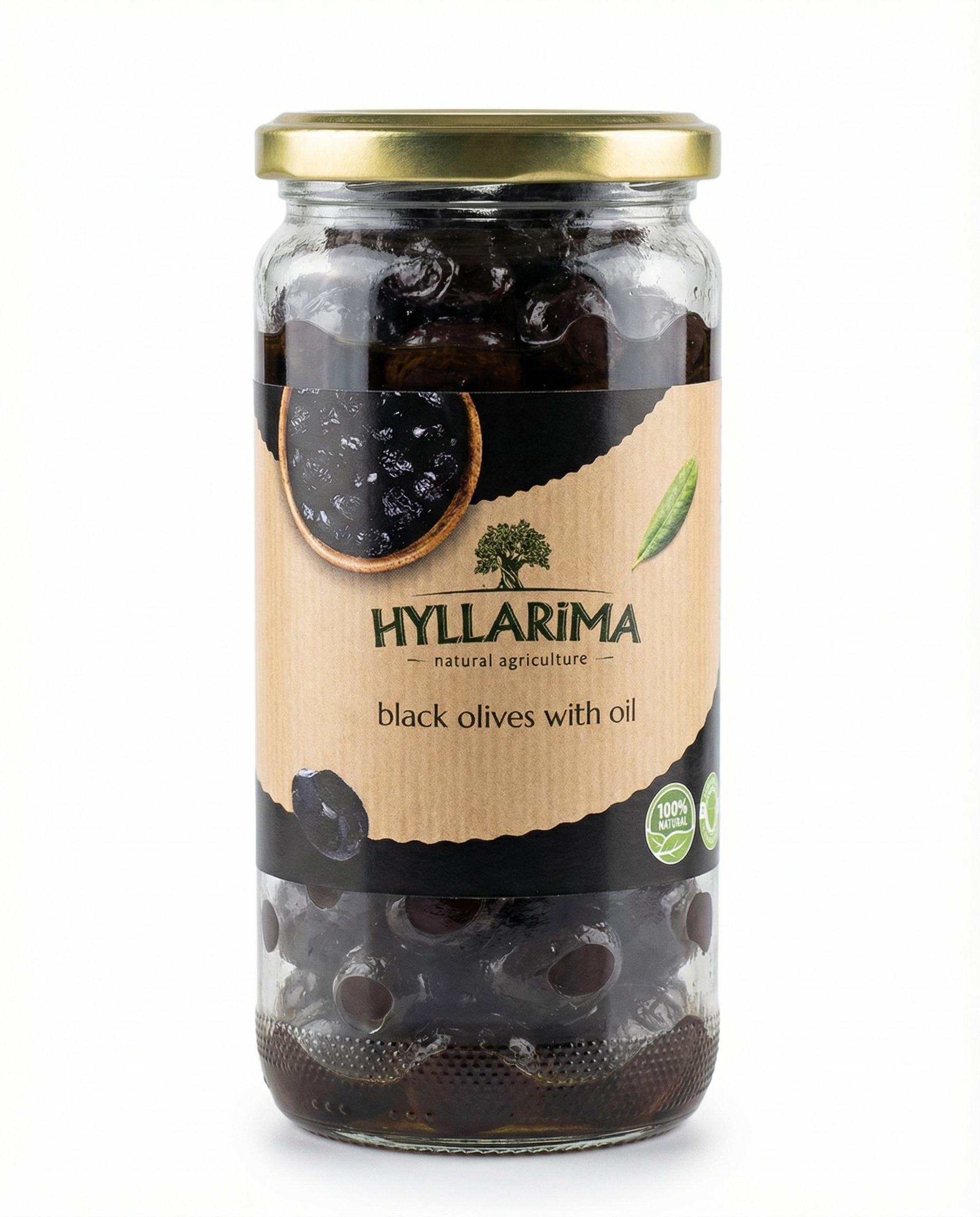 Jar of Hyllarima black olives with oil on a white background
