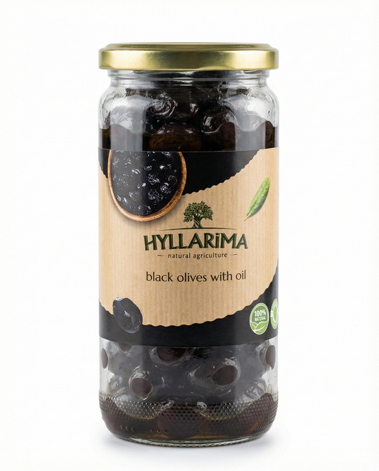 Jar of Hyllarima black olives with oil on a white background