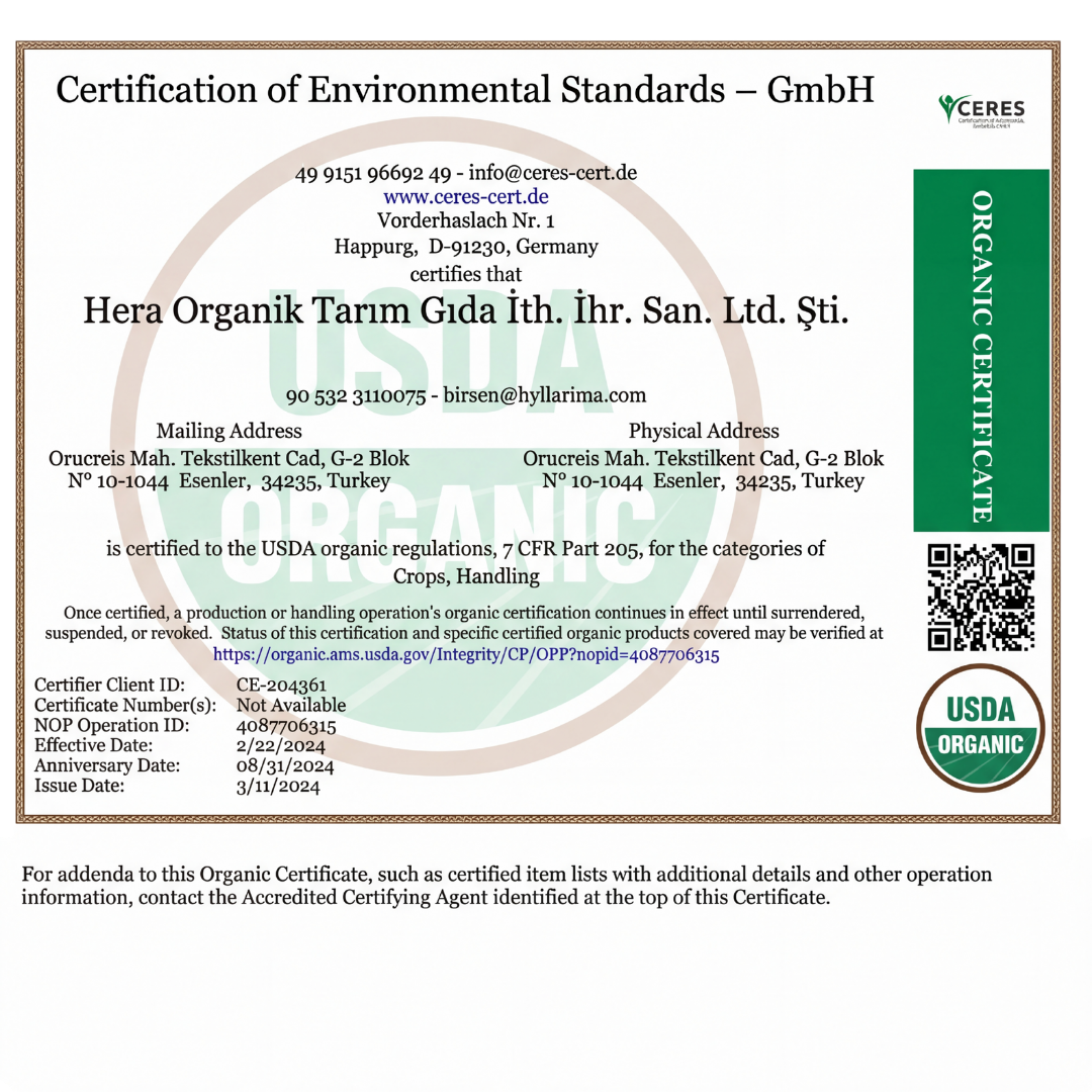 Organic certification document for Hera Organik Tarçik Gida Ith. şk. San. Ltd. ğlu with Ceres and USDA logos.