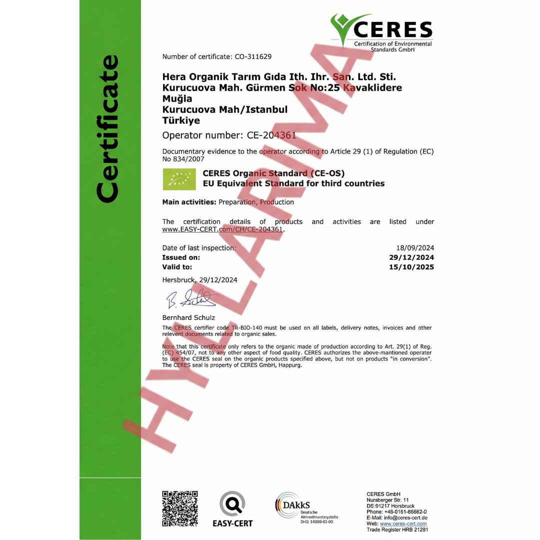 CERES Organic Standard certificate with green border and text on a white background