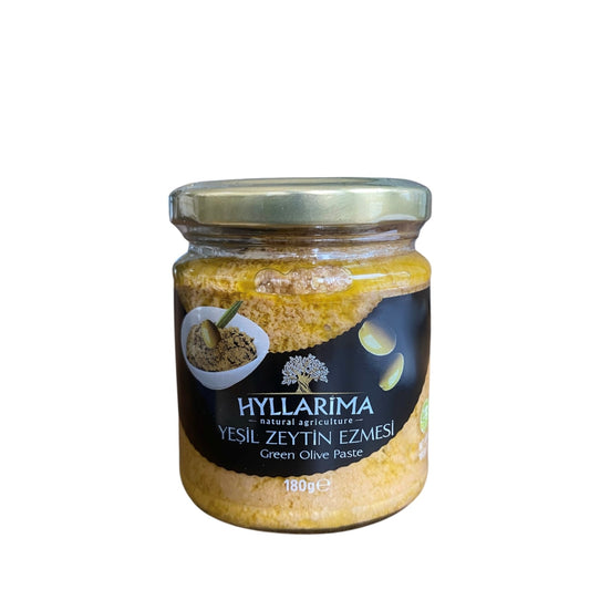 Jar of Hyllarima green olive paste on a white background