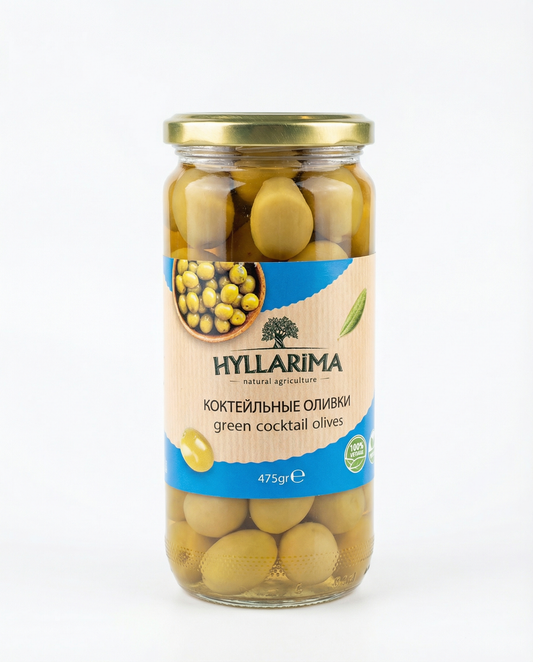 Jar of Hyllarima green cocktail olives on a white background