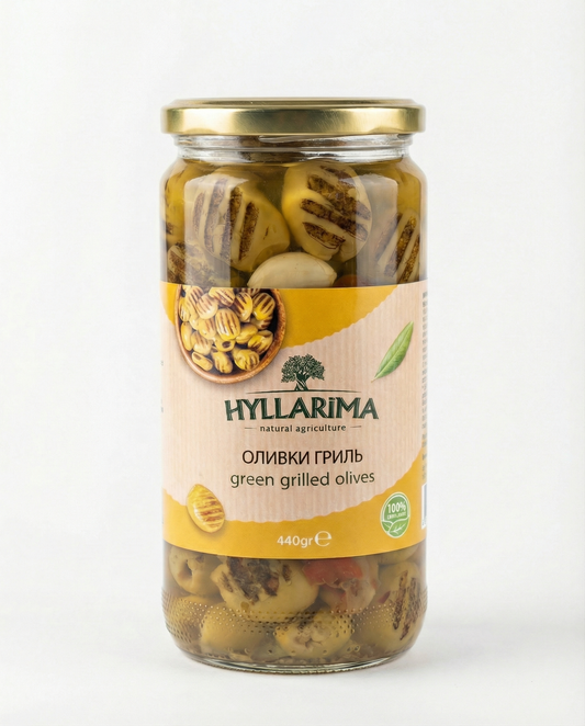 Jar of Hyllarima green grilled olives on a white background