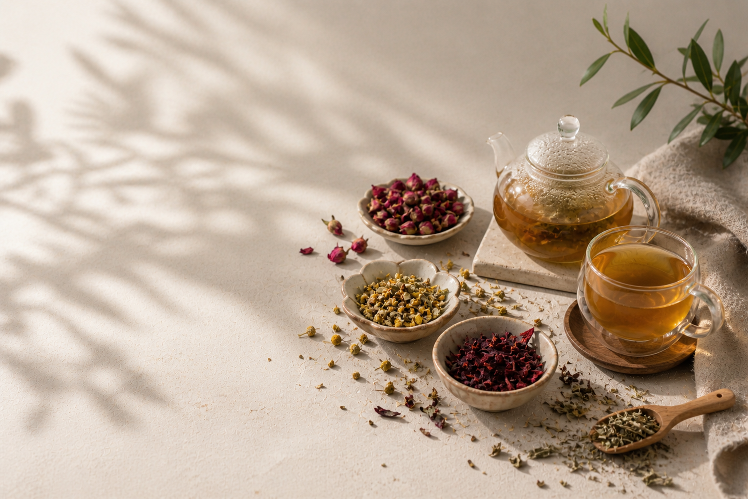 Tea-making setup with teapot, cups, and dried herbs on a light surface.