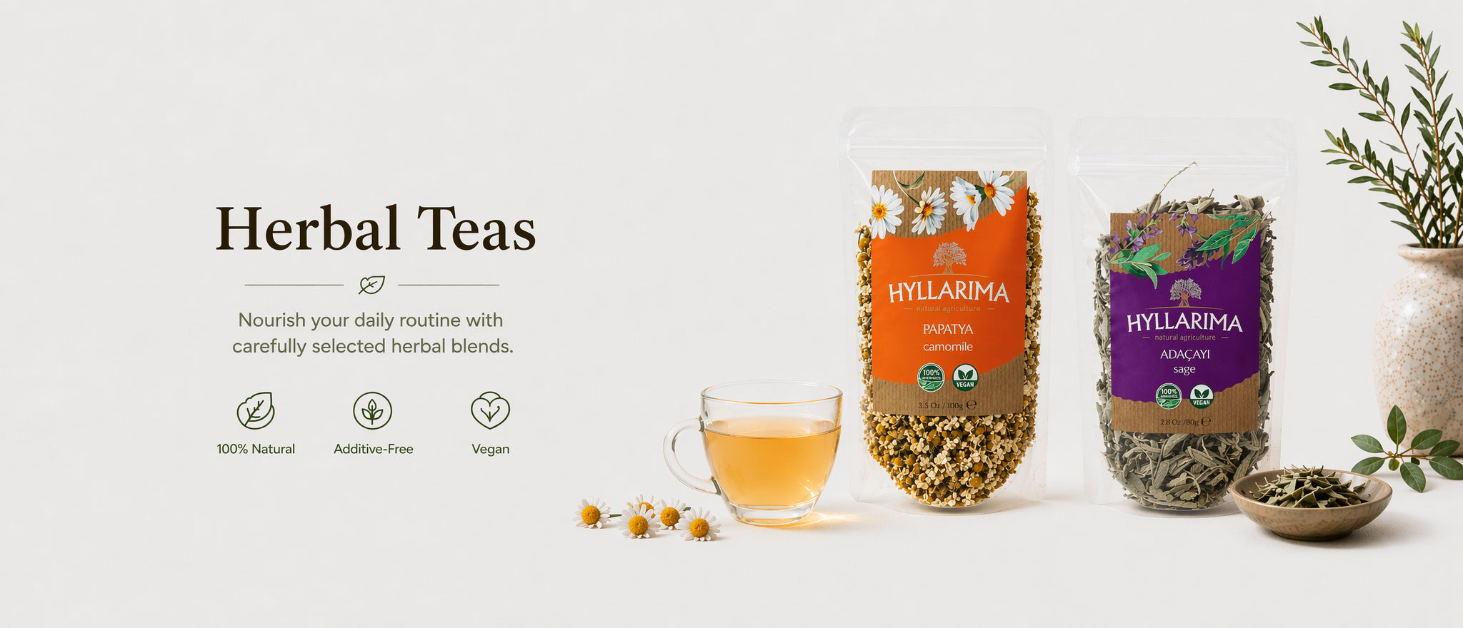 Hyllarima herbal teas with packaging and a cup of tea on a light background