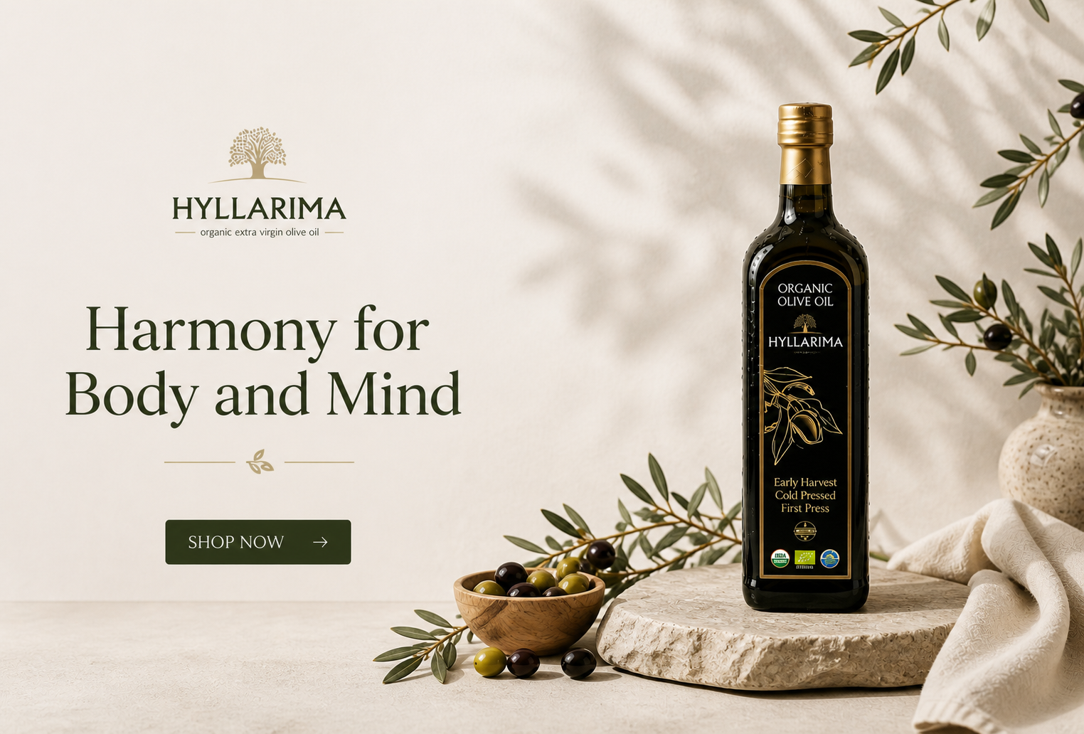Hyllarima olive oil bottle with olive branch and bowl on a light background