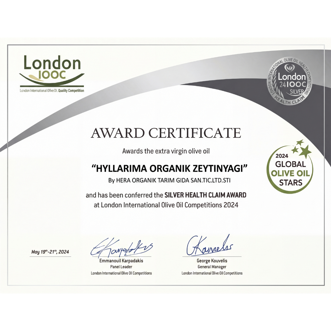 Award certificate for Hyllarima Organic Olive Oil at the London International Olive Oil Competition 2024.