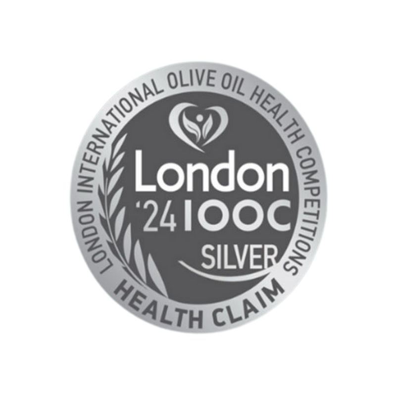 Silver award badge from the London International Olive Oil Health Competitions on a transparent background