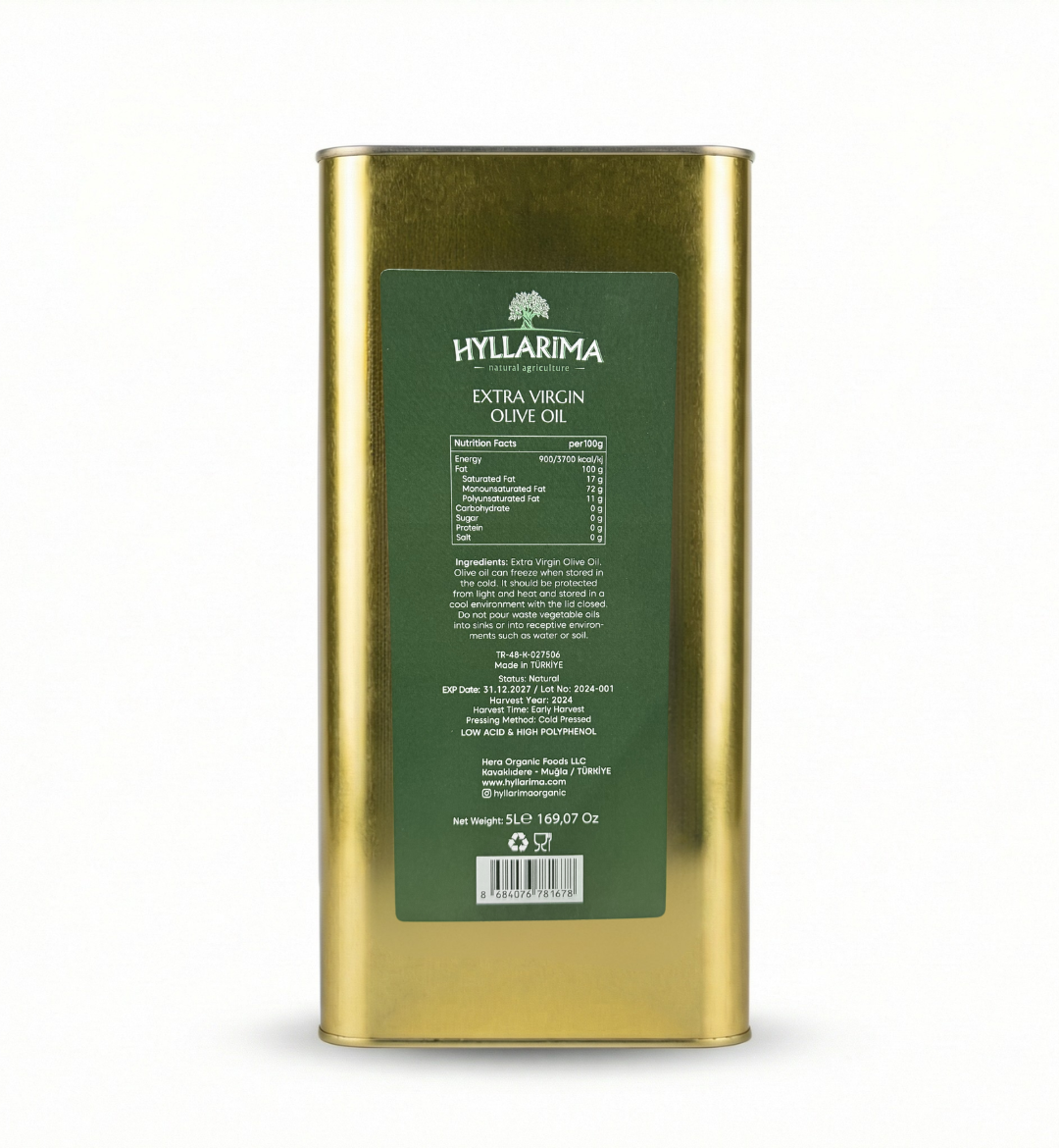 extra virgin olive oil in 5L Tin Can on white background