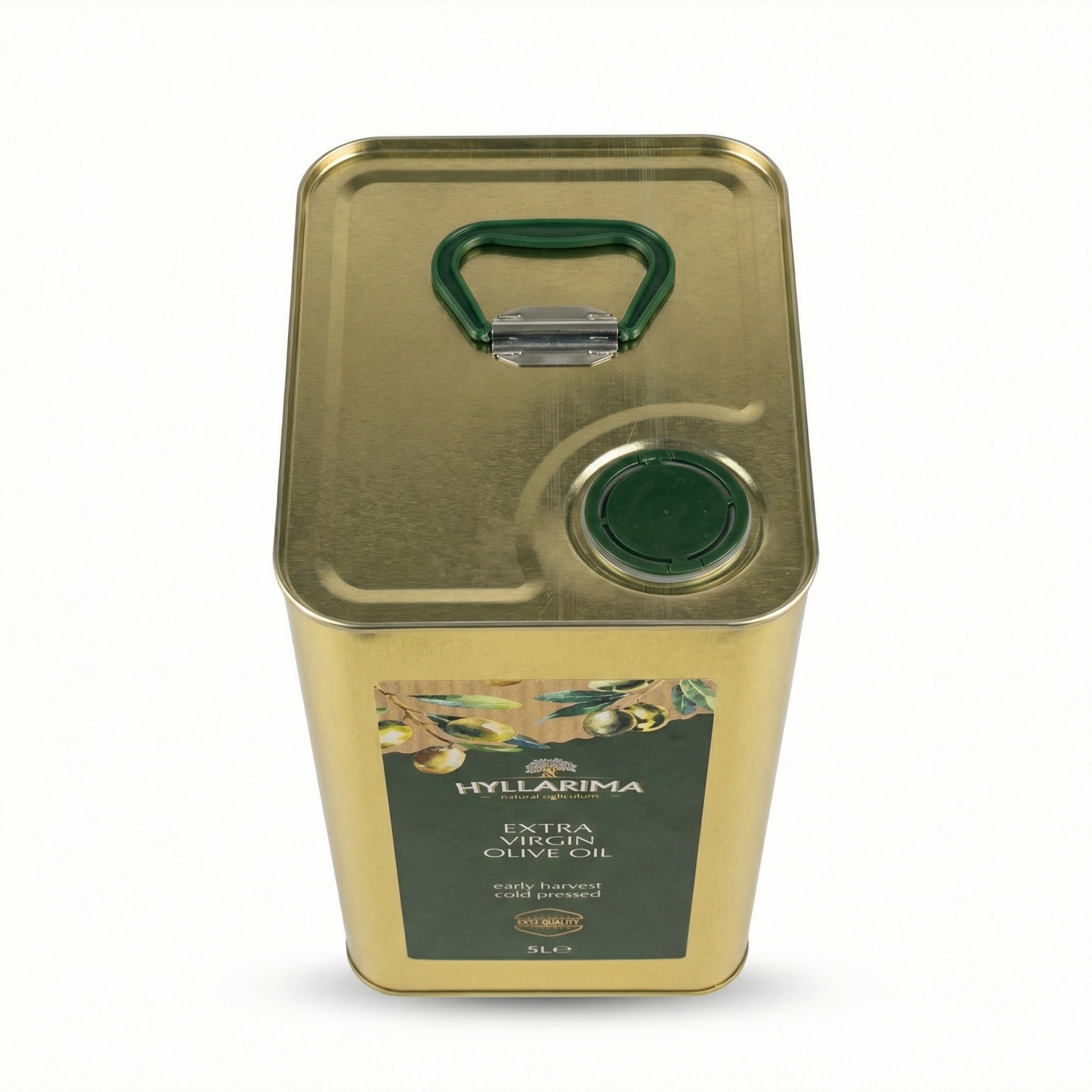 Gold canister of Hyllarima olive oil on a white background