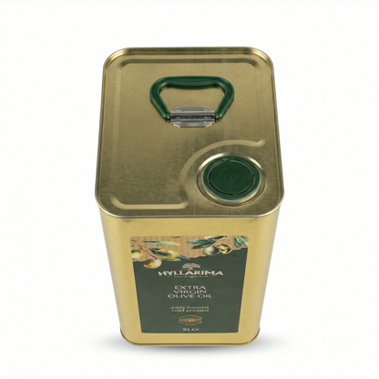 Gold canister of Hyllarima olive oil on a white background