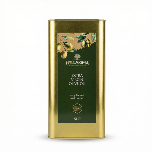Gold and green olive oil tin with Hyllarima branding on a white background