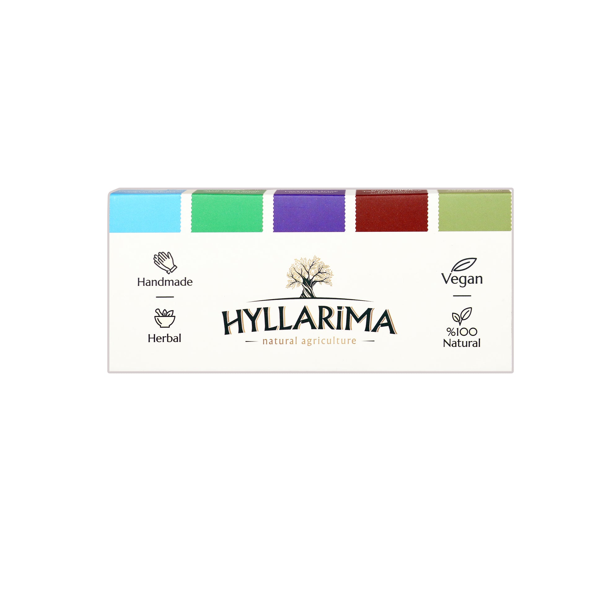 Box of Hyllarima natural products with colorful swatches on a white background
