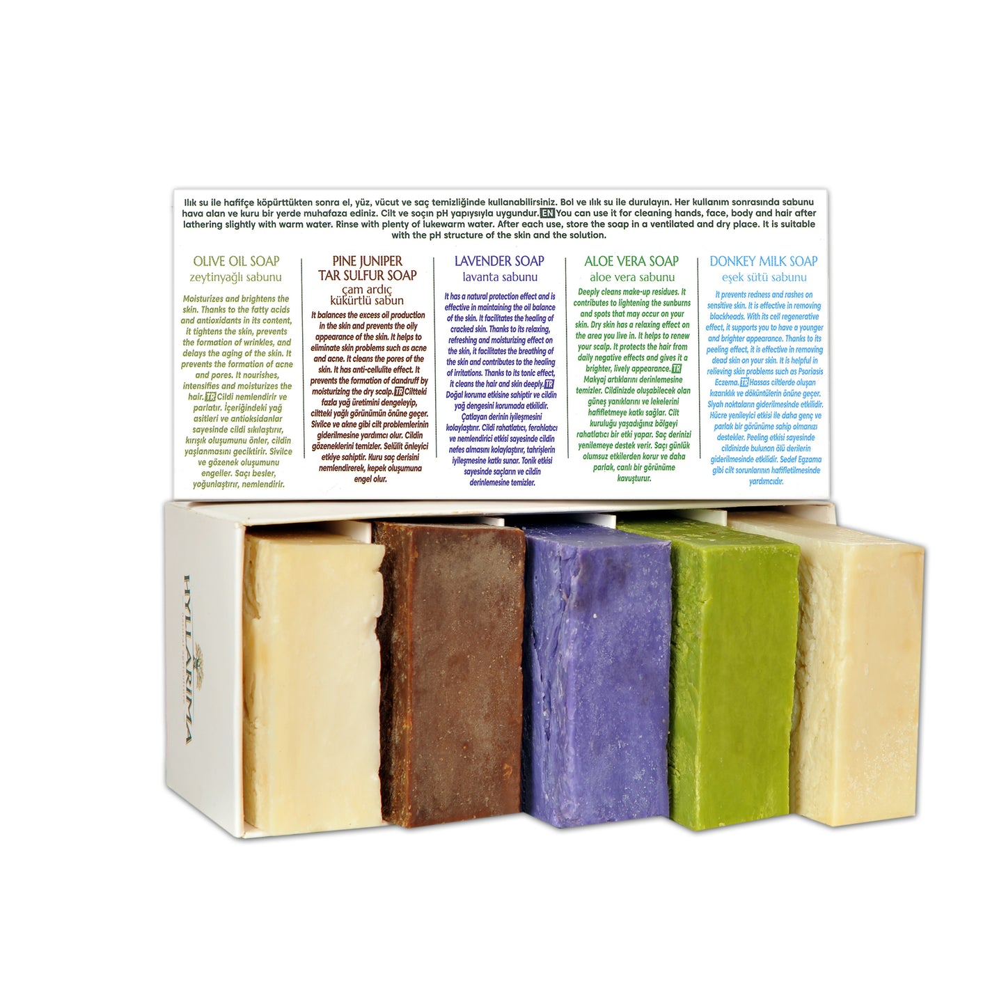 Set of five different colored bars of soap in a wooden box with descriptive text on a white background.