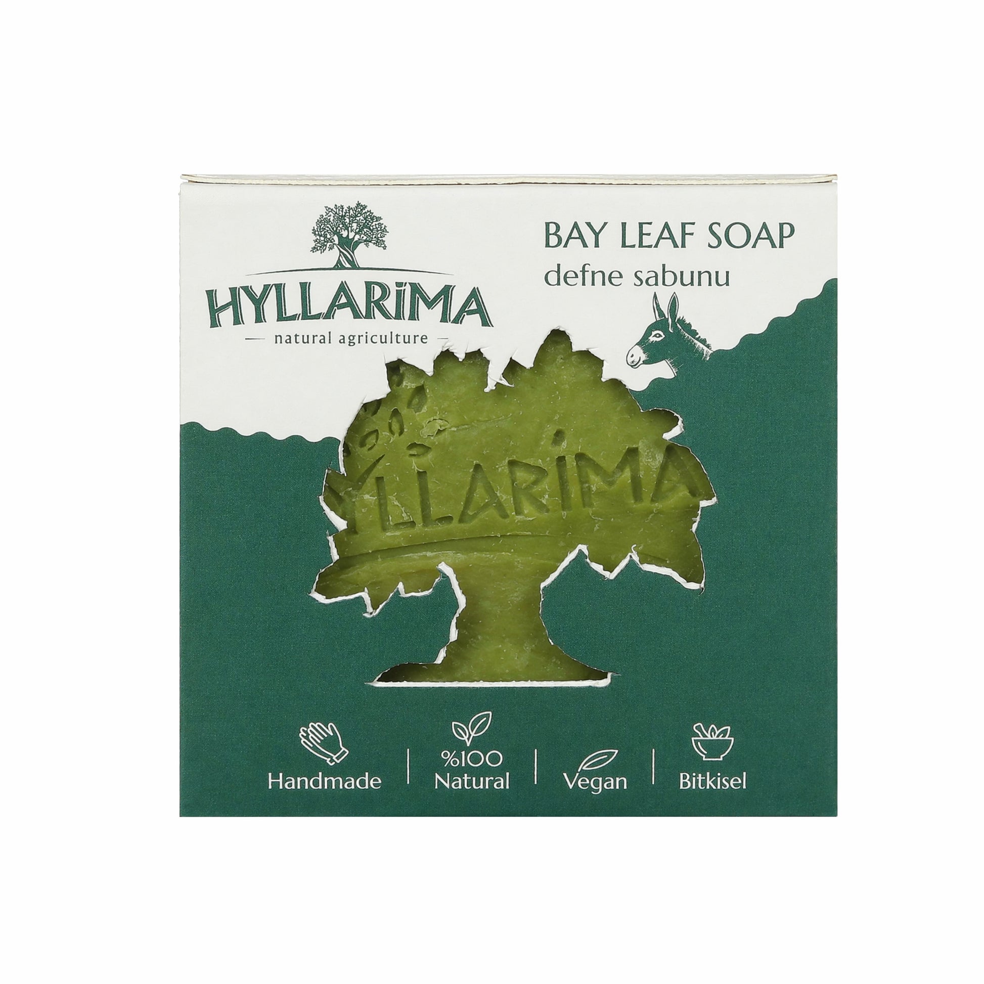 Bay leaf natural soap packaging with Hyllarima branding on a white background