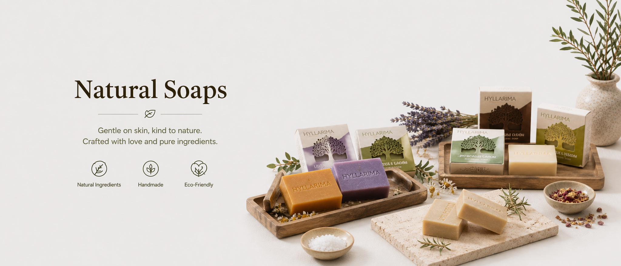 Collection of natural soaps on wooden trays with a minimal background