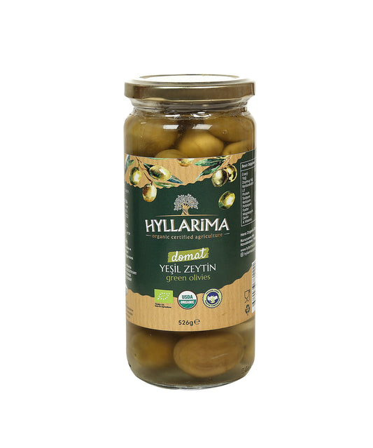 Jar of Hyllarima green olives on a white background