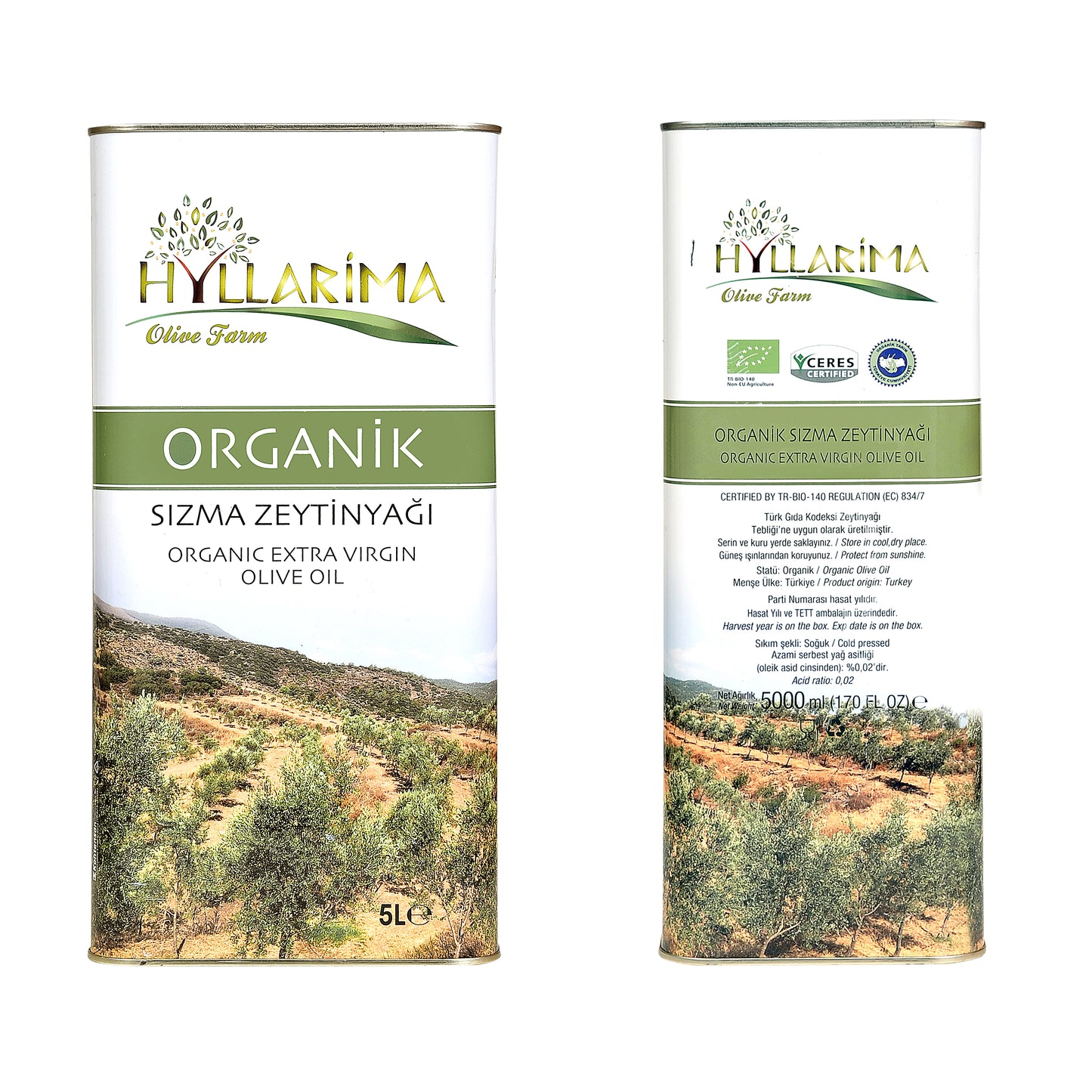 Two tins of Hyllarima organic olive oil with olive trees and landscape on the label.