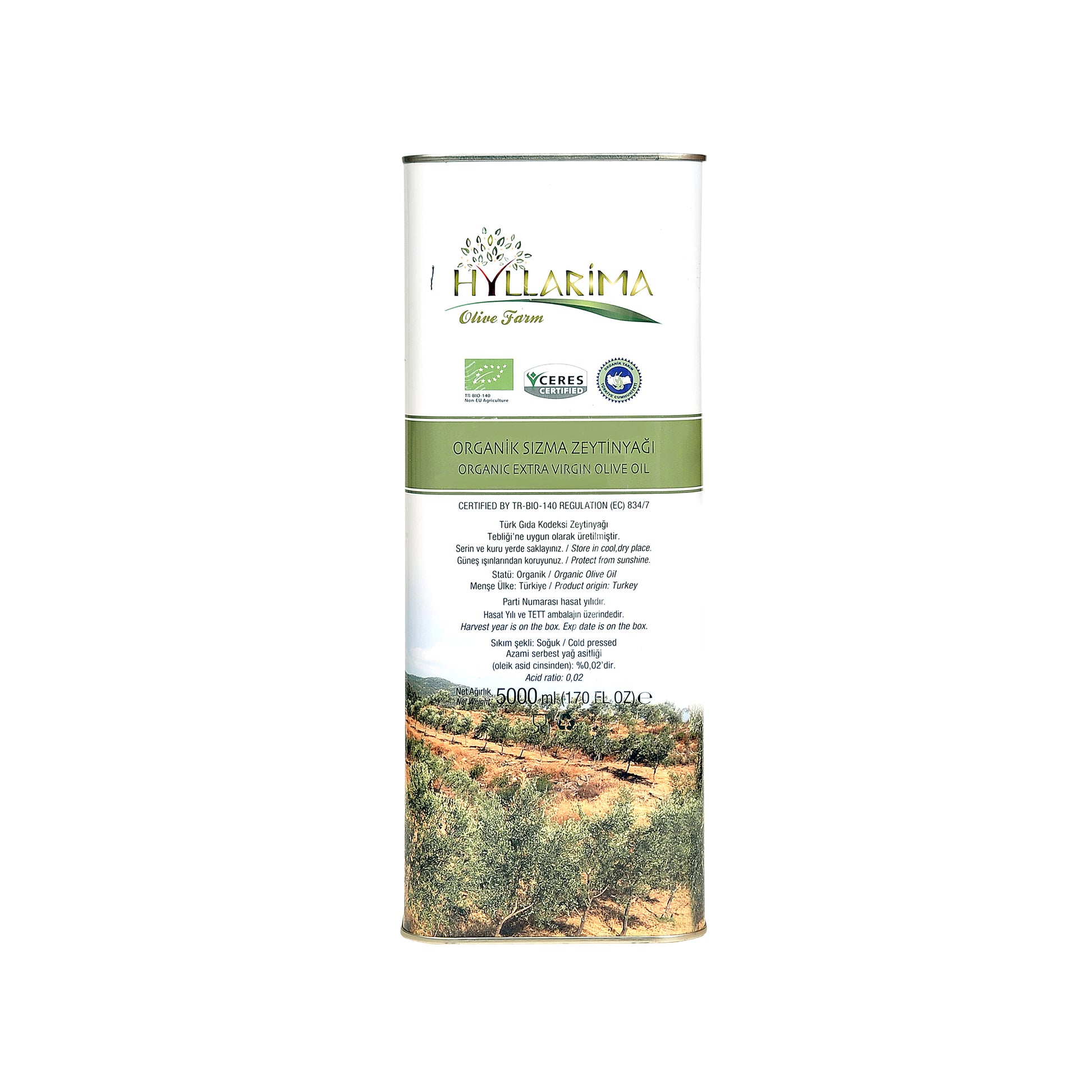 Hyllarima olive oil can with label and scenic design on a white background