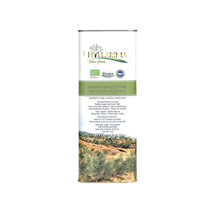 Hyllarima olive oil can with label and scenic design on a white background