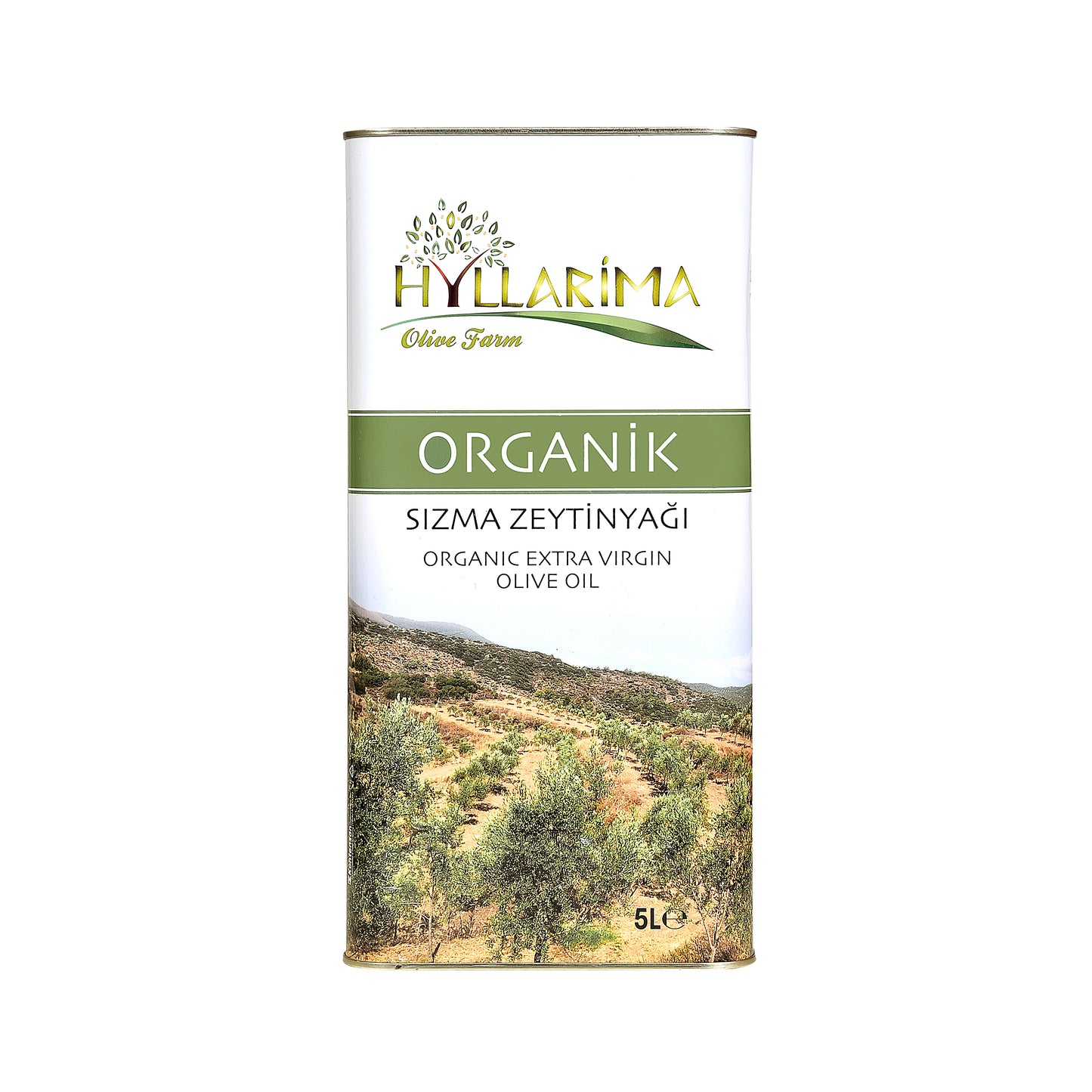 Hyllarima organic olive oil can with a scenic label