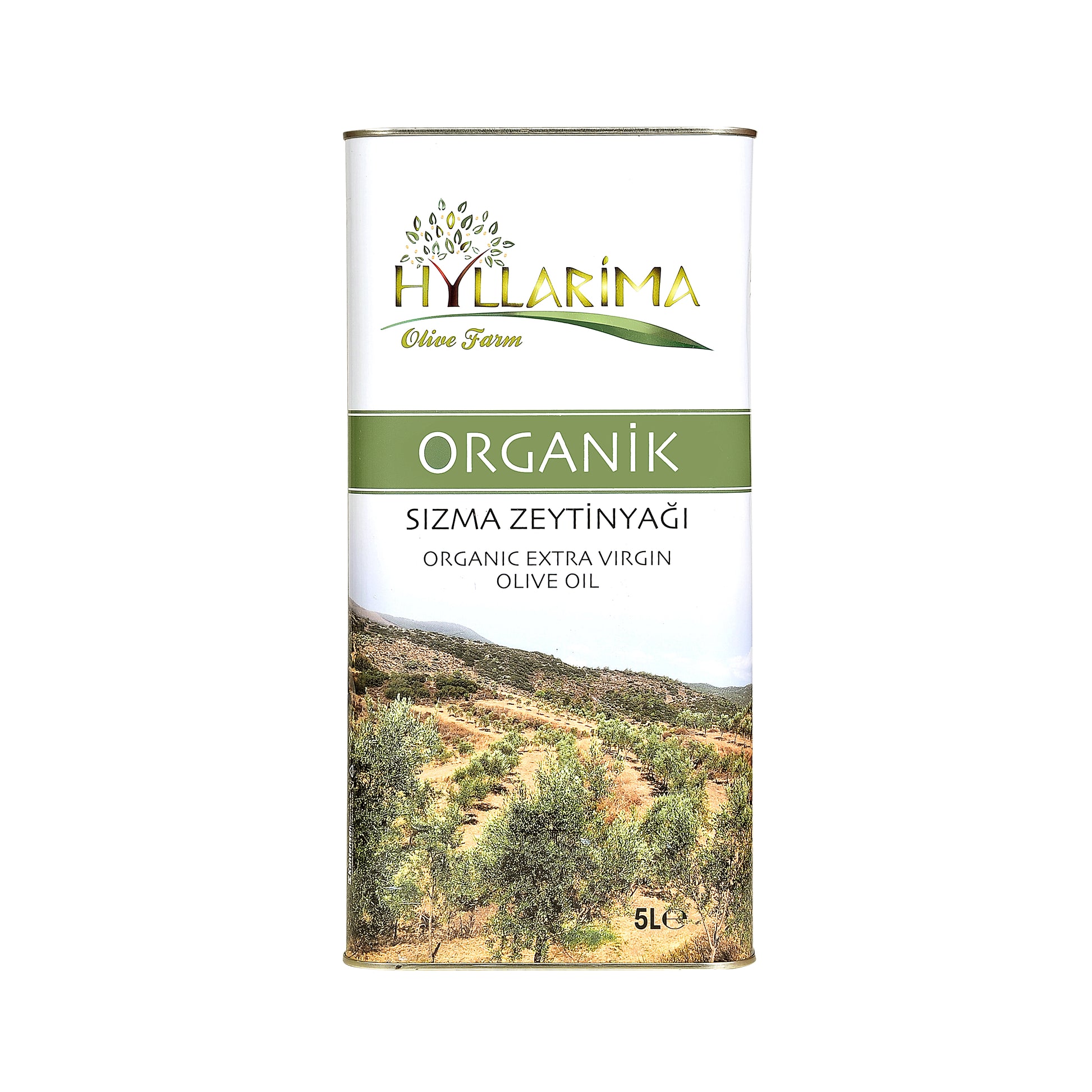 Hyllarima organic olive oil can with a scenic label
