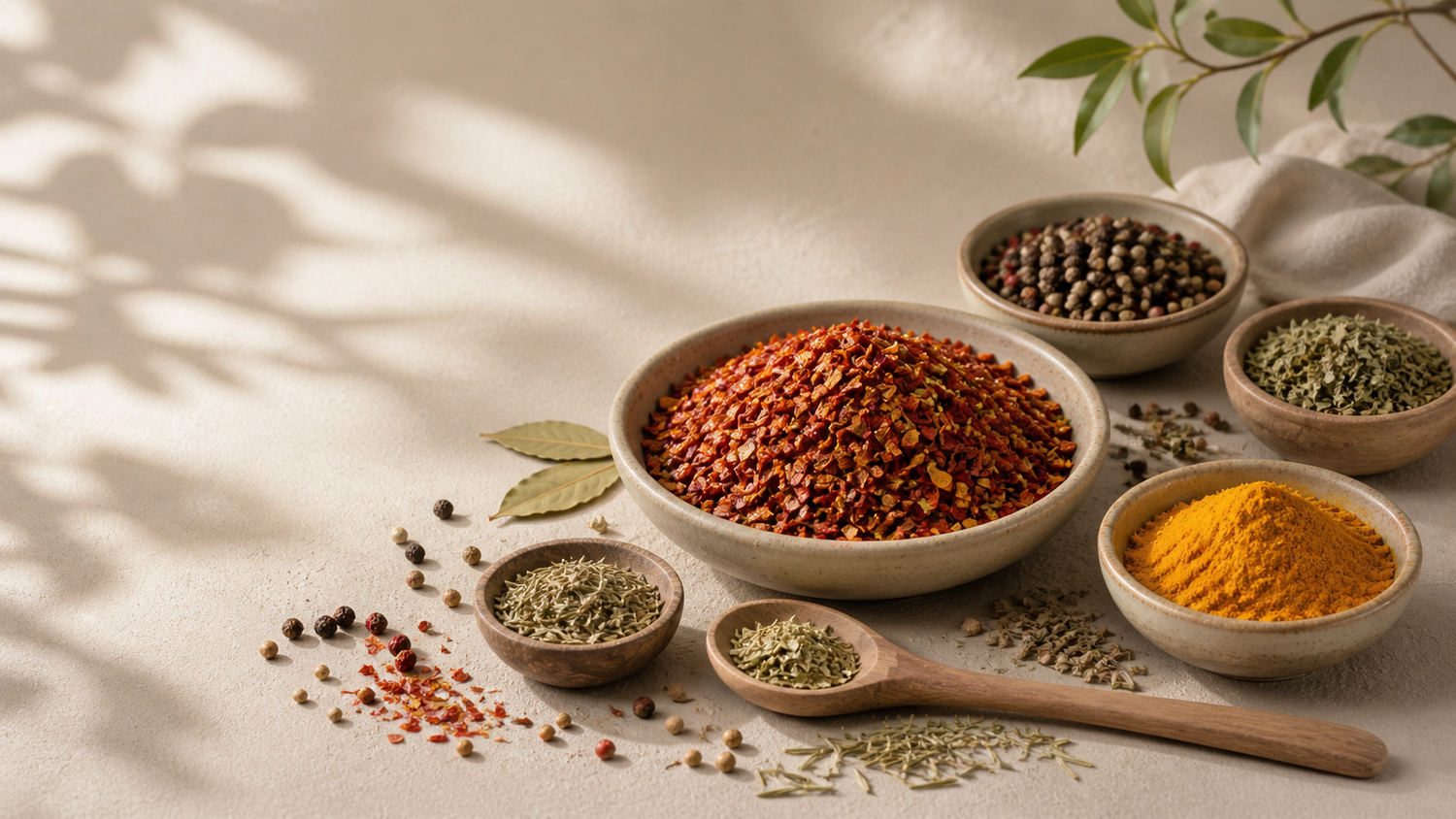 Assorted spices in bowls on a light surface with natural light and leaves.