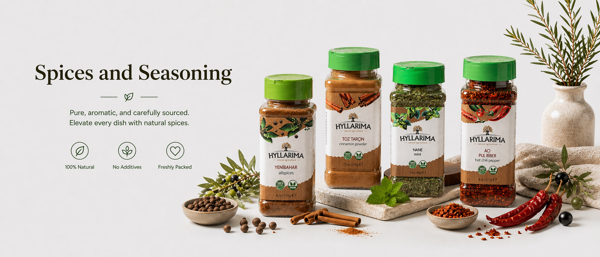 Spices and seasoning products with labels on a white background