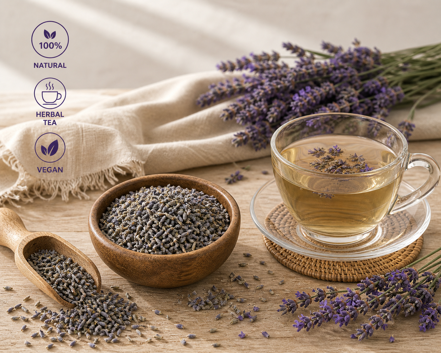 Lavender tea with a cup of tea, dried lavender flowers, and a wooden bowl on a wooden surface.