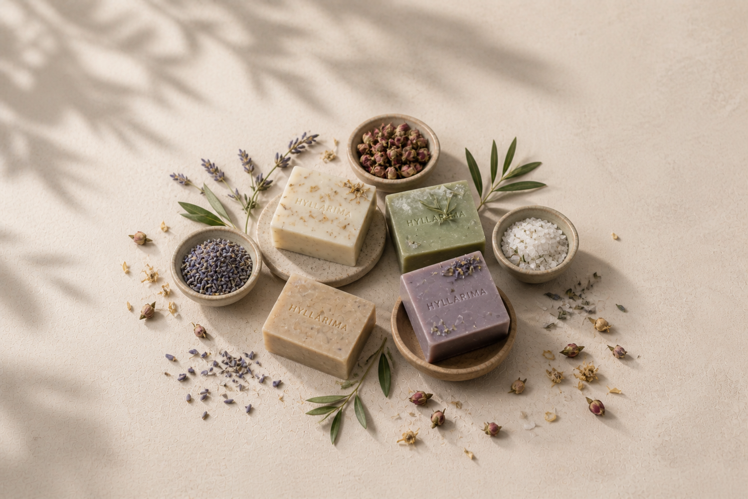 Handmade soap bars with natural ingredients on a neutral background