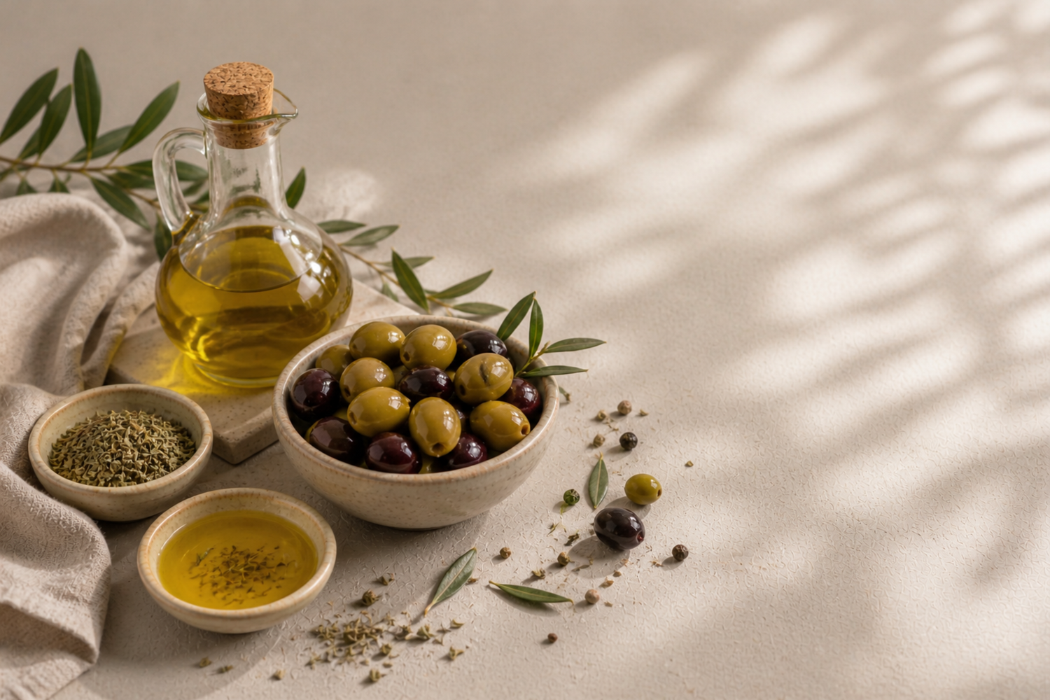 Olive oil, olives, and herbs on a textured surface with natural light.