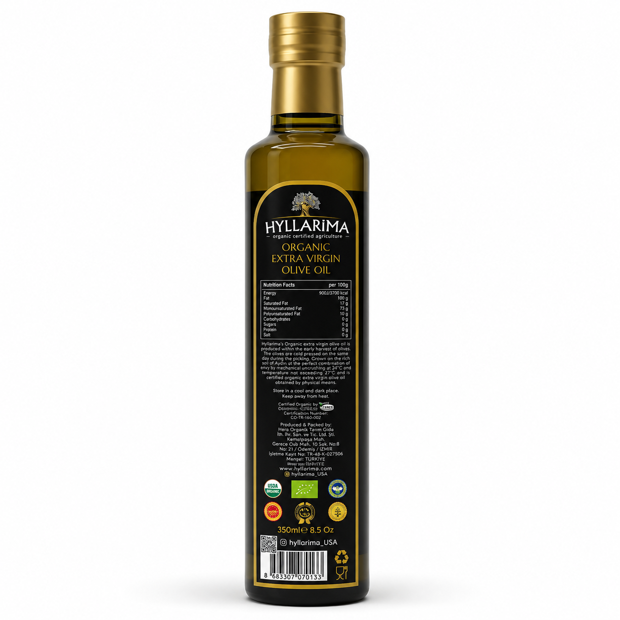 Bottle of Hyllarima organic extra virgin olive oil 250ml with a gold cap on a white background