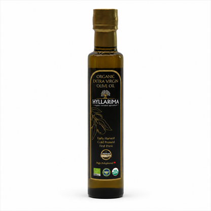 Bottle of Hyllarima organic extra virgin olive oil 250ml on a white background