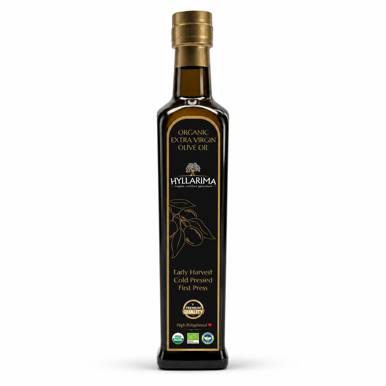Bottle of Hyllarima organic extra virgin olive oil 500ml on a white background