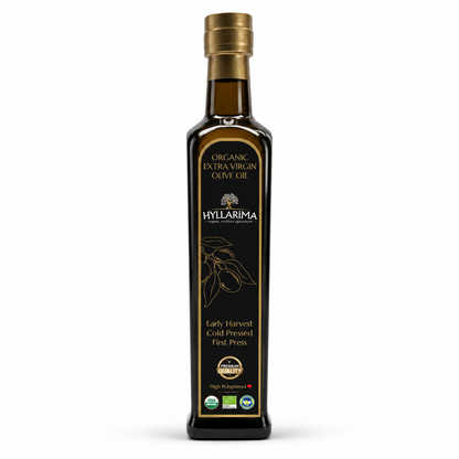 Bottle of Hyllarima organic extra virgin olive oil 500ml on a white background