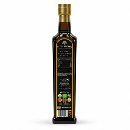 Bottle of Hyllarima organic extra virgin olive oil on a white background
