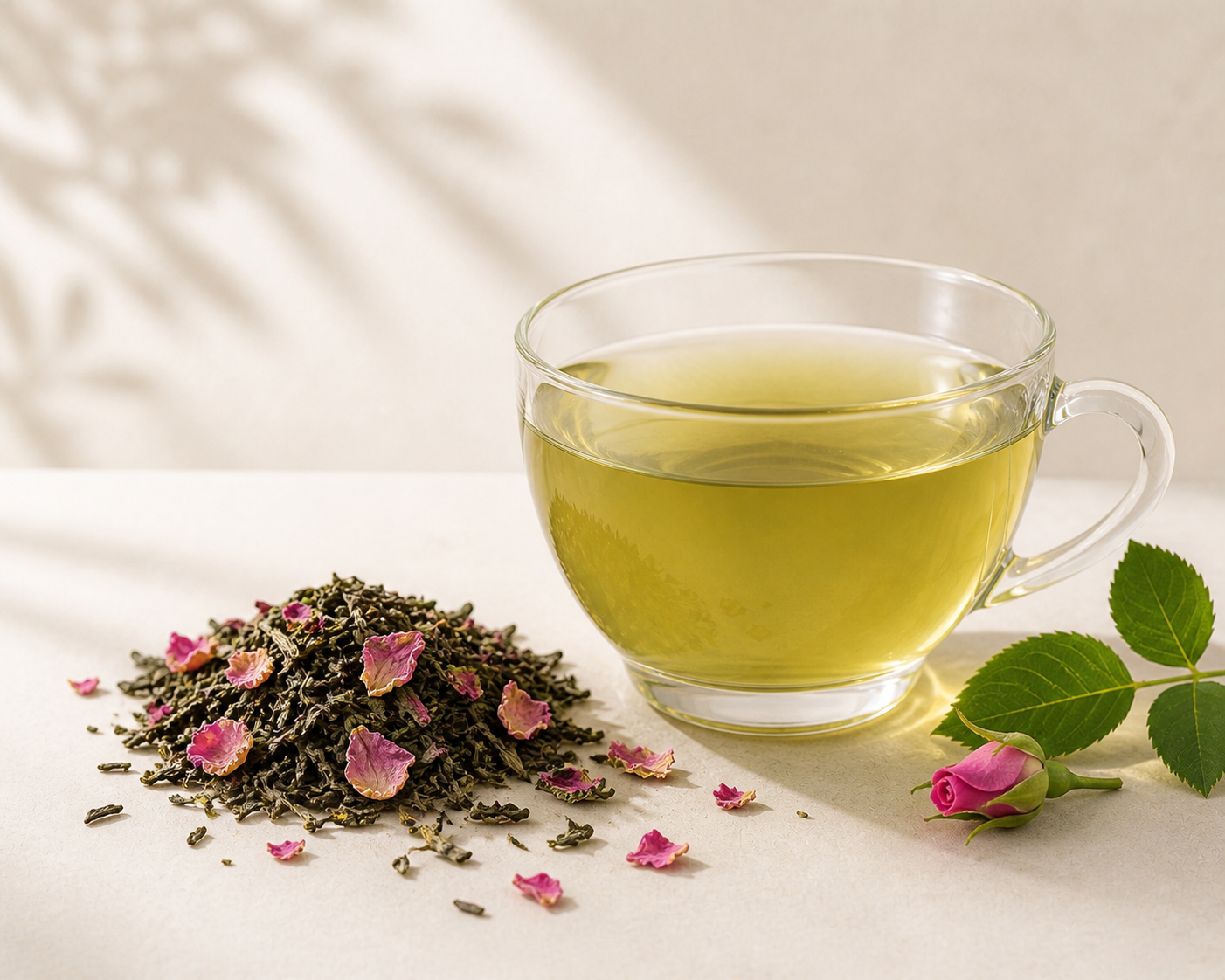 Clear glass cup of rose green tea with tea leaves and flowers on a light surface