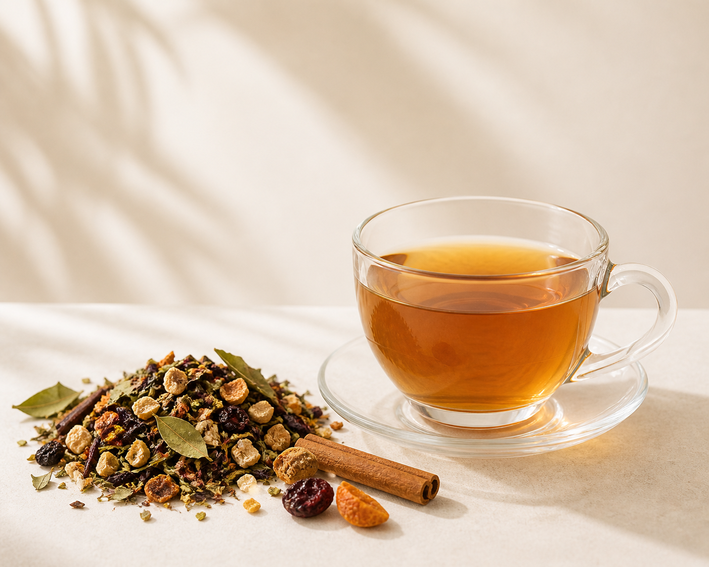 Glass mug of tea with a pile of winter tea leaves and spices on a light background